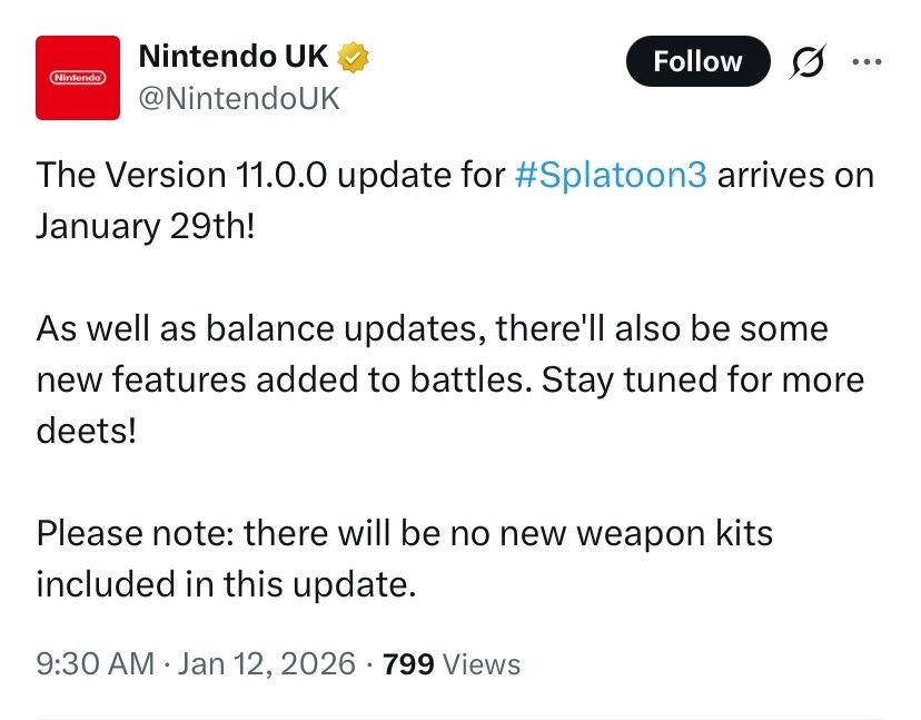 Tweet from Nintendo announcing verion 11.0.0