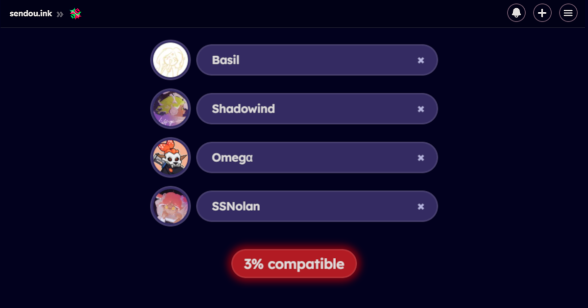 A screenshot from the site sendou.ink showing the team anlyzer tool. The members of the team Moonlight are selected, and the resulting compatibility is 3%