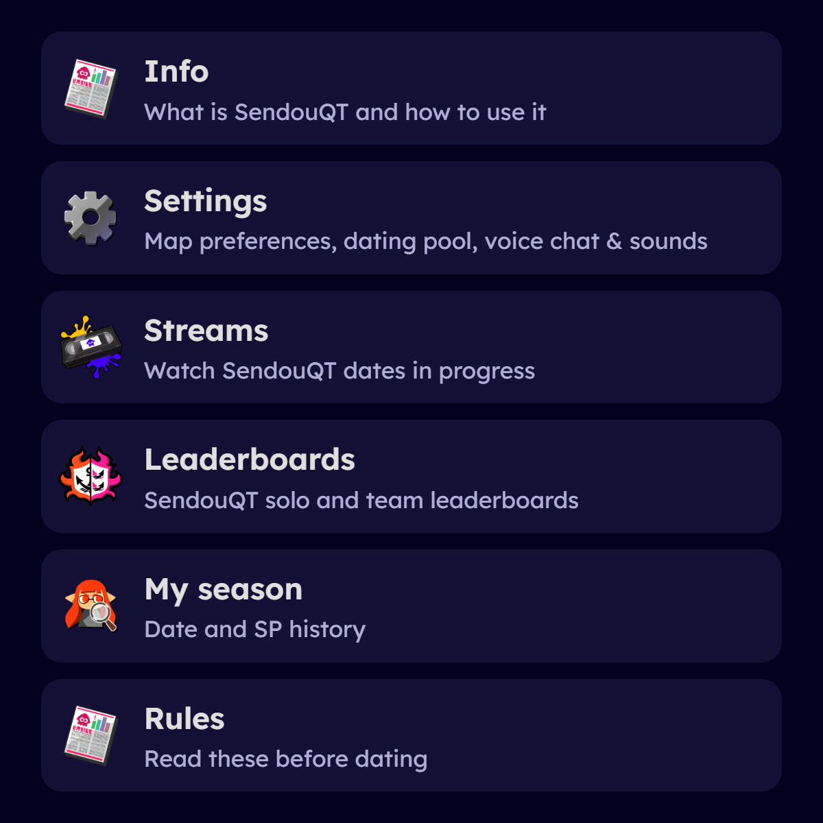 A screenshot from the SendouQT page, showing the different options: Info, Settings, Streams, Leaderboards, My season, and Rules