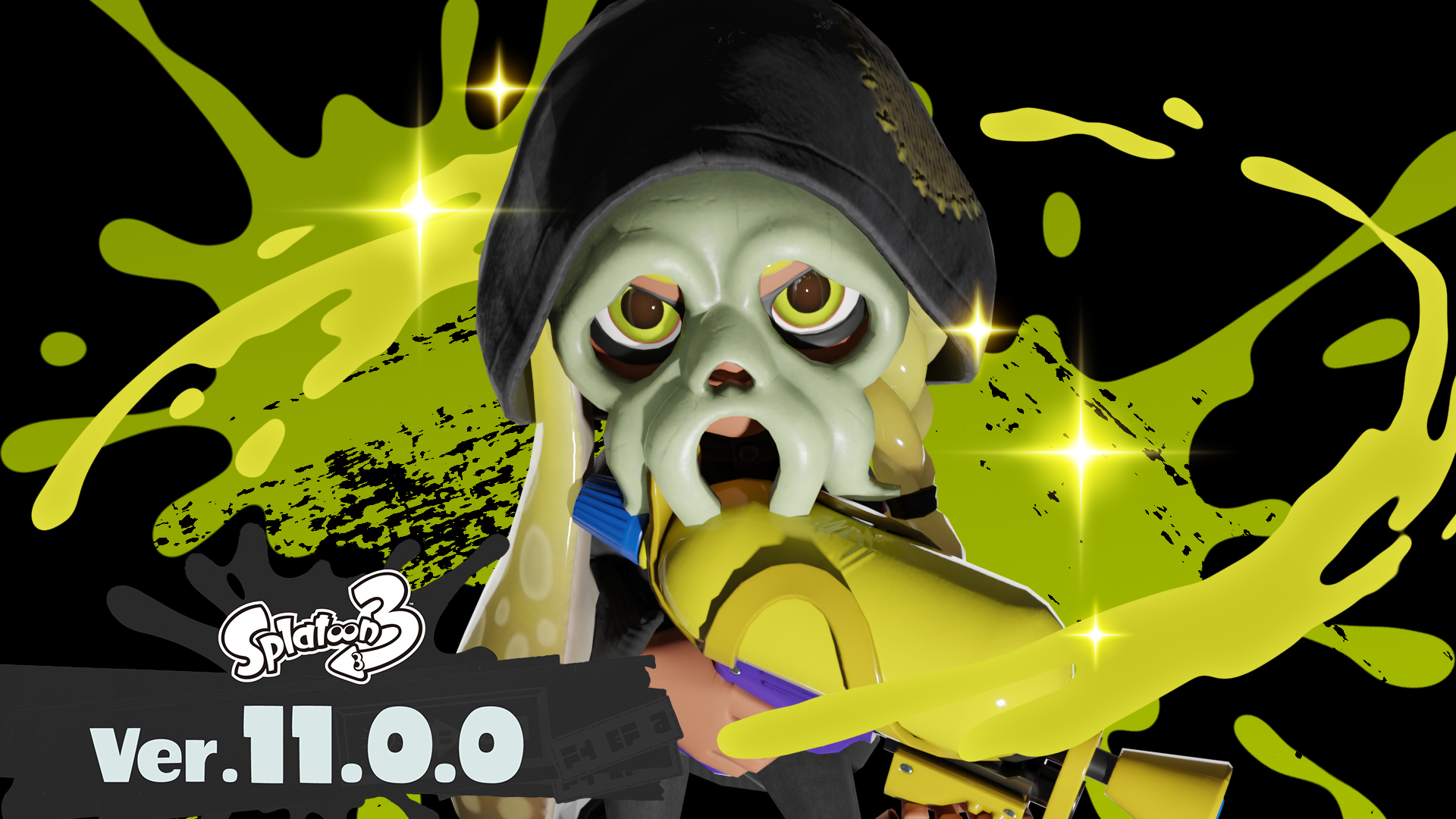 The same image as the one from Nintendo's official v11 announcement, but the inkling is now wearing the Cthulhu mask.